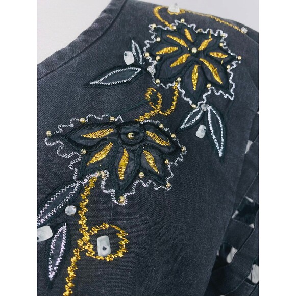 Vintage Black Linen Jacket Gold Floral Sheer Cage Sleeve Blazer / Size Medium - Picture 6 of 8